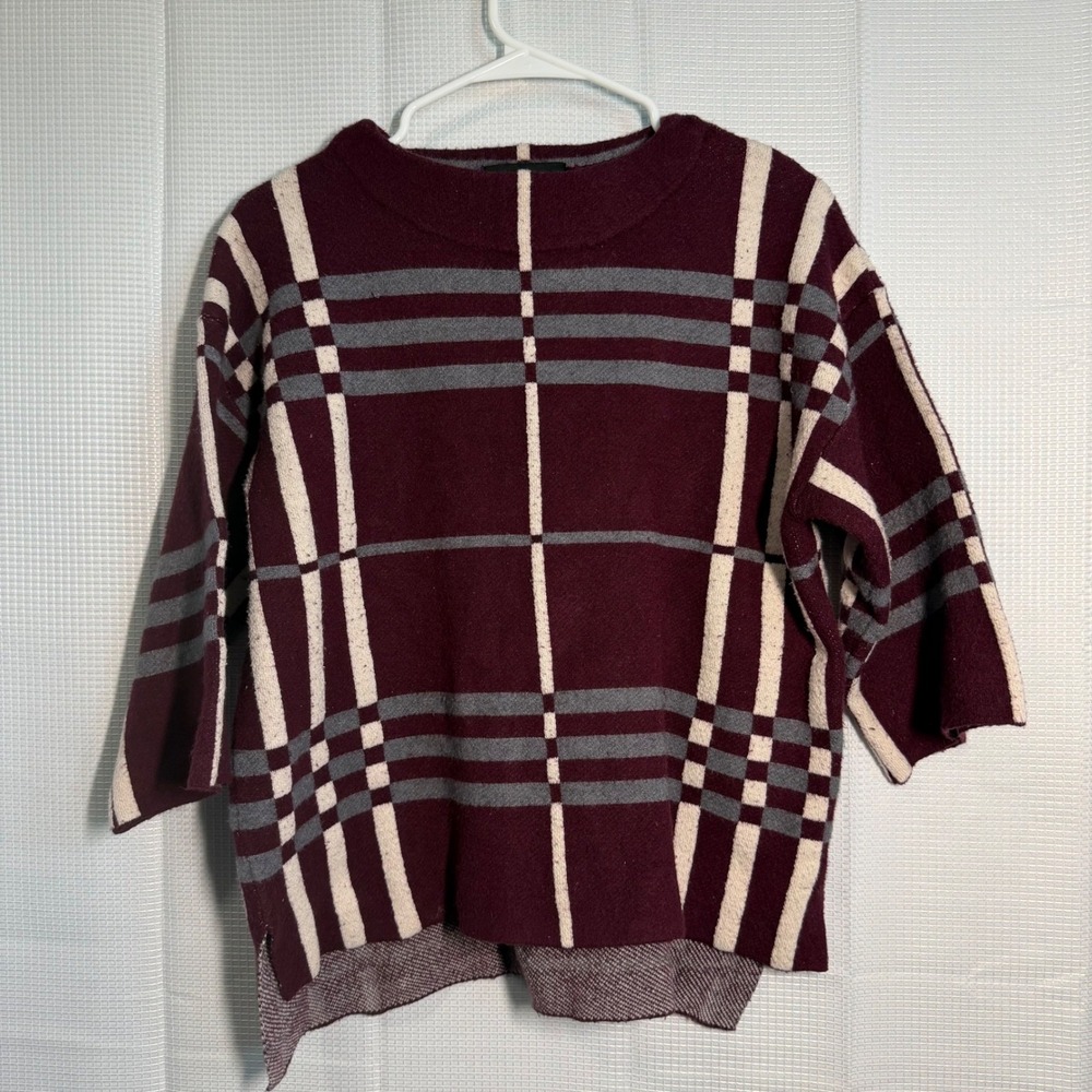 Geometric Print Pullover Sweater Women's M Burgundy Gray 3/4 Sleeve Boho Casual